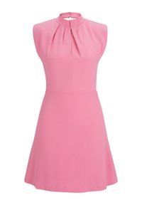 Rosa ärmelloses Kleid mit hohem Kragen, Falten, weit ausgestellt Rock und glattem Stoff. Einfaches und sauberes Design ohne Muster.