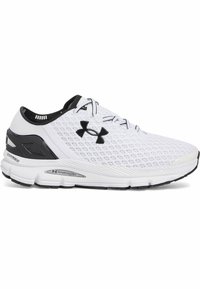 White athletic shoe with a mesh upper, black accents, and a textured sole. Features laces, logo, and a cushioned midsole for support.