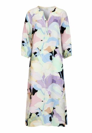 Løs kjole med lange ærmer med blomsterprint i pastelrosa, blå, grønne og sorte abstrakte bladmønstre samt kort knappet V-hals krave.