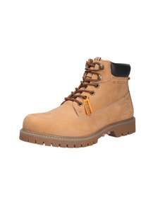 Braune Leder-Wanderschuhe mit Schnürdesign, gepolstertem Kragen, Gummisohle und kontrastierendem beigem Nähen. Verfügt über ein Logo-Tag an der Seite.