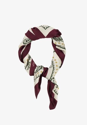 Foulard din mătase de culoare burgundă și crem, cu un design geometric cu accente verzi și puncte aurii. Textură netedă, formă triangulară când este legat.