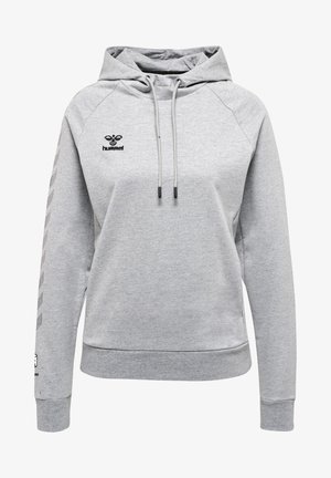 Sweat à capuche gris avec cordon, doté d'un logo noir sur la poitrine et d'un design graphique le long des manches. Texture de tissu douce.
