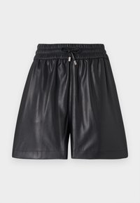 Black leather shorts with an elastic waistband and drawstring. Features a smooth texture and a relaxed fit, ending above the knee.