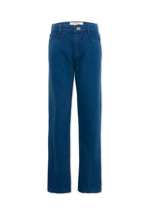 Jean droit en denim bleu avec poches avant, passants de ceinture et fermeture à bouton métallique à la taille.