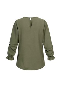Olivegrünes Langarmshirt mit Rundhalsausschnitt, Puffärmeln, gerafften Bündchen und einem Schlüsselloch-Verschluss auf der Rückseite. Aus strukturiertem Stoff gefertigt.