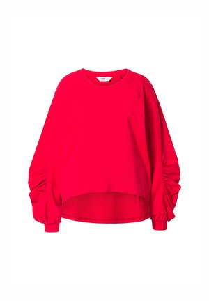Roter Langarm-Sweatshirt mit Rundhalsausschnitt, Raffung an den Ärmeln und cropped Saum. Hergestellt aus weichem Baumwollstoff.