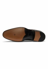 Suola in pelle nera con superficie liscia, caratterizzata da un tacco in pelle marrone chiaro e una forma distintiva e arrotondata. Logo impresso sulla suola.