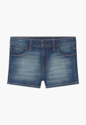 Szorty dżinsowe w średnim odcieniu niebieskiego z wyblakłą fakturą, klasycznym fasonem pięciokieszeniowym i jednoprzyciskowym zapięciem.