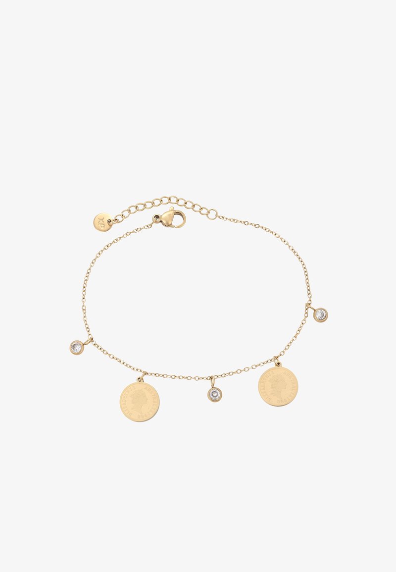 Bracciale in oro con tre pendenti a forma circolare, caratterizzati da dettagli incisi e due piccole pietre decorative. Catena regolabile con chiusura a moschettone.