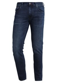 Jeans in denim blu scuro con taglio dritto, cinque tasche, passanti per cintura e dettagli di cucitura sottili. Texture liscia con leggera scoloritura.