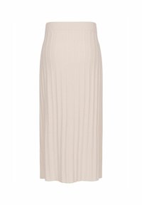 Knit midi skirt in light beige, featuring a ribbed texture and elastic waistband for comfort, falling to mid-calf length.