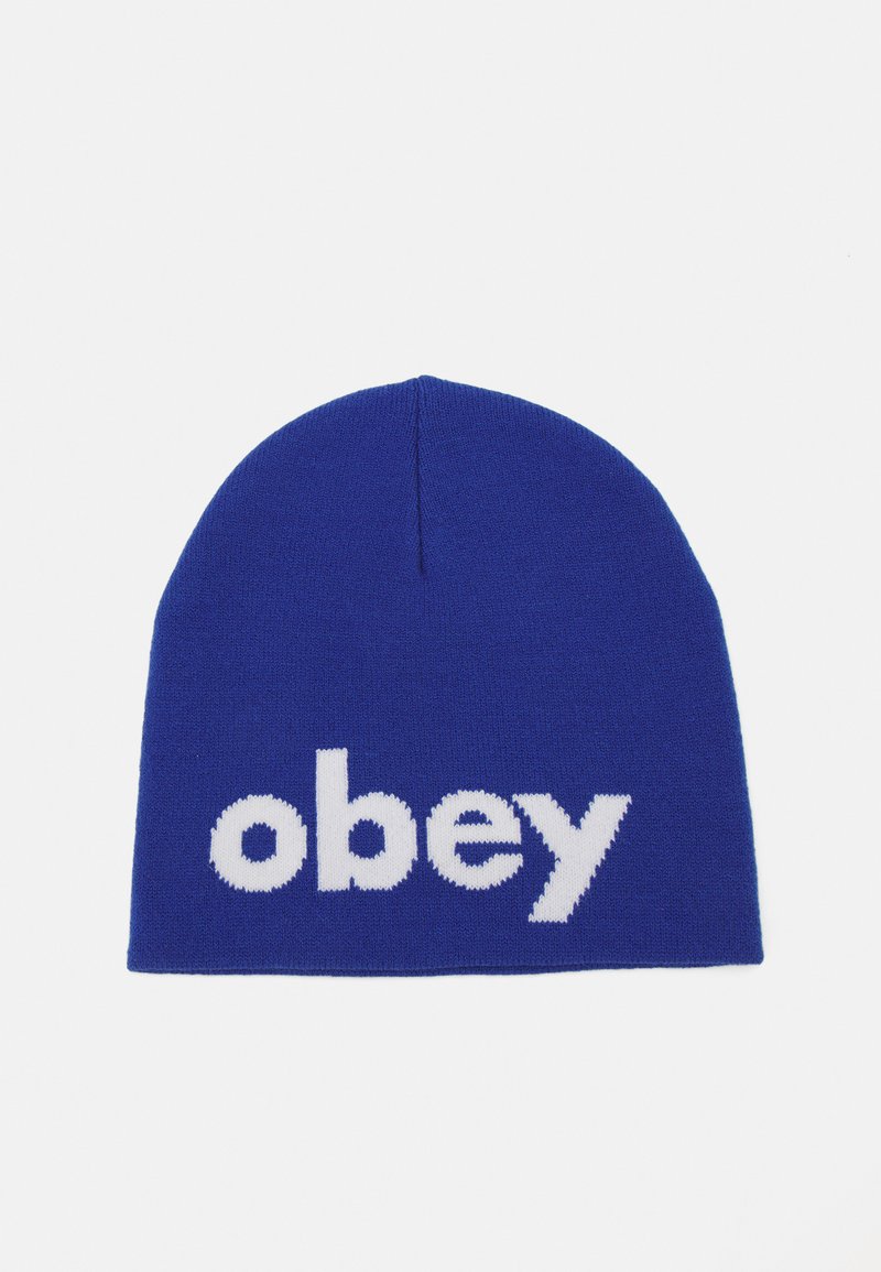Blue knit beanie with a soft texture. Features bold white "obey" lettering on the front. Tapered crown shape.