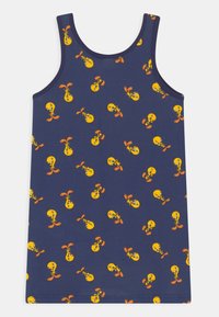 Rukávový tílko v námořnické modři z bavlny, s opakujícím se kresleným vzorem žlutých Tweety ptáčků s oranžovými akcenty.