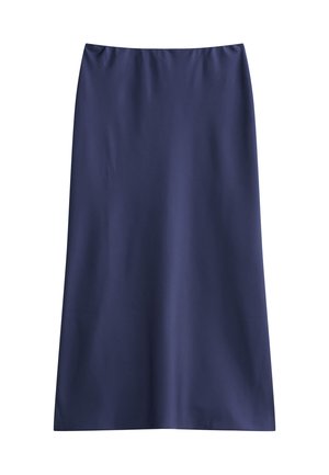 Gonna blu navy a metà coscia realizzata in tessuto liscio, caratterizzata da un design semplice e dritto con una vita elastica e senza chiusure visibili.