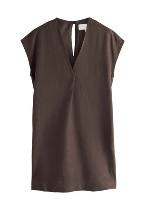 Braunes ärmelloses Kleid mit V-Ausschnitt und rückseitigem Schlitz, hergestellt aus leichtem Stoff.