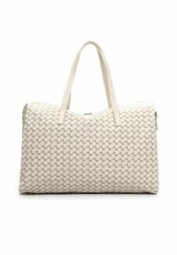 Sac de voyage en tissu crème texturé avec un motif géométrique beige, doté de deux poignées robustes et d'une fermeture éclair.