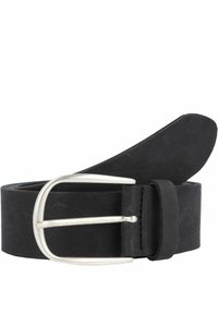 Cintura in pelle nera con fibbia in metallo argento, texture liscia e design semplice. Presenta una lunghezza regolabile e bordi puliti.