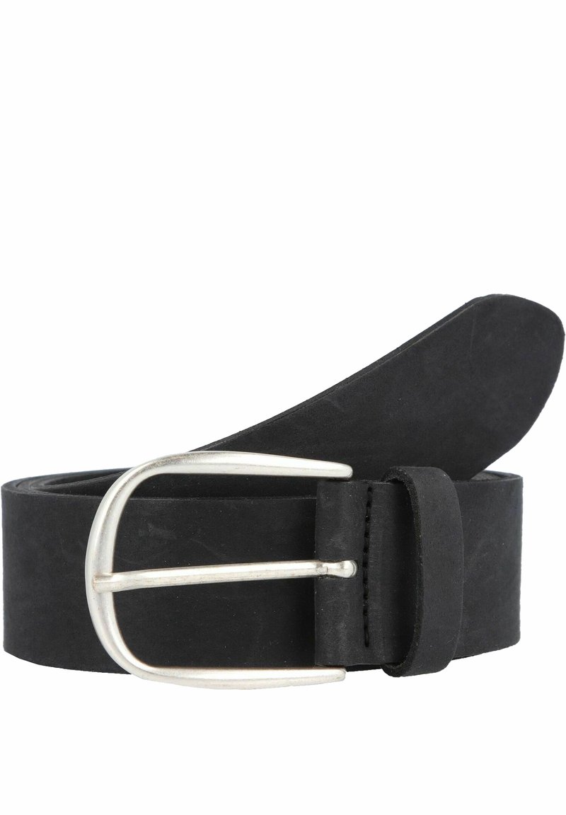 Cintura in pelle nera con fibbia in metallo argento, texture liscia e design semplice. Presenta una lunghezza regolabile e bordi puliti.
