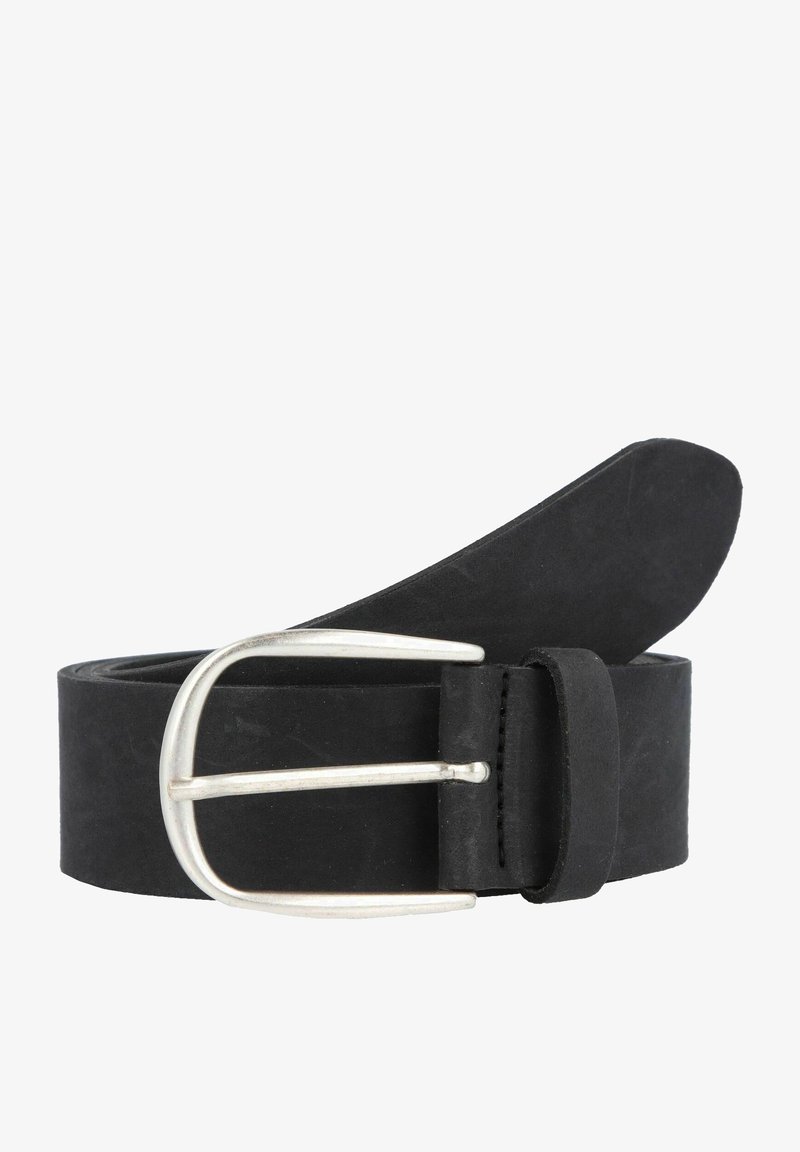 Cintura in pelle nera con fibbia in metallo argento, texture liscia e design semplice. Presenta una lunghezza regolabile e bordi puliti.