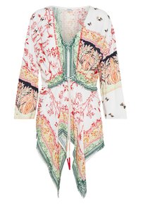 Blůza s dlouhým rukávem v bohémském stylu, výstřih do V, barevné květinové a geometrické vzory, asymetrický lem a detaily se stahovací šňůrkou v pase.