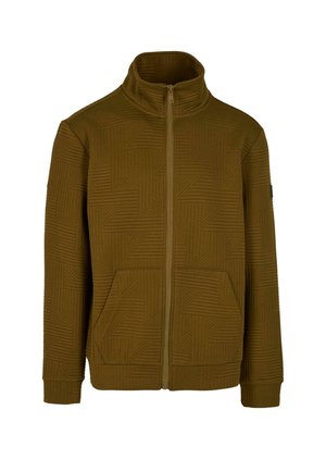 Veste zippée vert olive avec col haut, présentant un motif texturé géométrique, deux poches avant et des poignets côtelés.