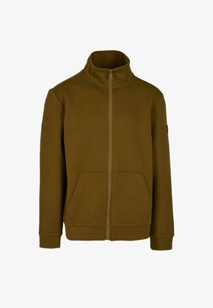 Veste zippée vert olive avec col haut, présentant un motif texturé géométrique, deux poches avant et des poignets côtelés.