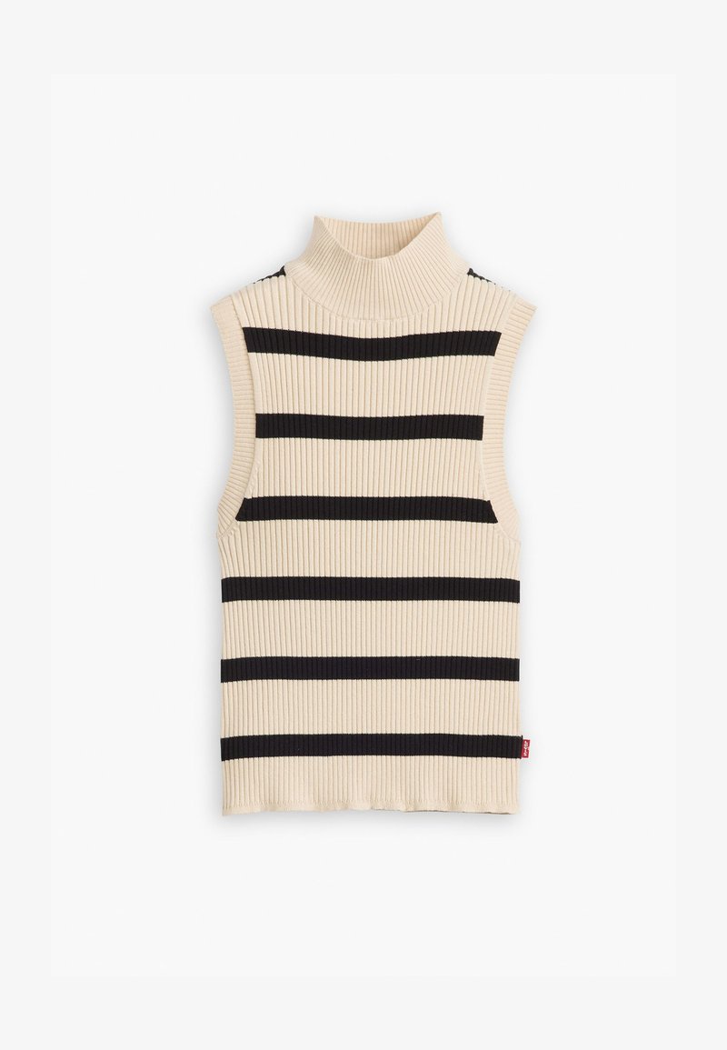 Top sin mangas de cuello alto acanalado en beige con rayas negras horizontales, que presenta un diseño ajustado y un dobladillo recto.