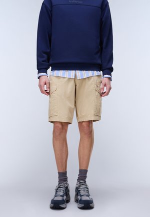 Homme debout portant un sweat-shirt bleu marine, une chemise à rayures bleues, un short cargo beige, des chaussettes grises et des baskets gris-noir sur un fond uni.