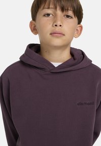Donkerpaarse hoodie met een voorzak en een verstelbare capuchon met trekkoord. Voorzien van een reliëflogo op het borstgebied. Zacht, textuurstof.