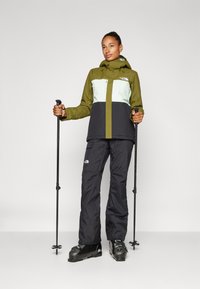 Alpinistų striukė olivinės žalsvos, šviesiai mėlynos ir juodos spalvų; turi gobtuvą, užtrauktuką priekyje ir spalvų blokų dizainą. Derinama su juodais slidinėjimo keliais ir batais.