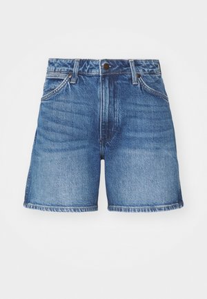 Denim-shortsit vaalean sinisessä pesussa, korkea vyötärö, suora leikkaus, viisi taskua, ylä-nappisuljenta ja minimaalinen haalistuminen.