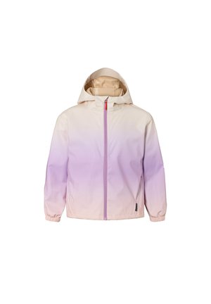 Ελαφρύ μπουφάν με σχέδιο λουλουδιών σε αποχρώσεις του λεβάντας, διαθέτει μπροστινό φερμουάρ, ρυθμιζόμενη κουκούλα και ελαστικές μανσέτες για τέλεια εφαρμογή.