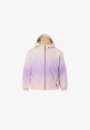 Ľahká bunda s levanduľovým ombré dizajnom, s predným zipsom, nastaviteľnou kapucňou a elastickými manžetami pre pohodlné nosenie.