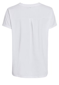 Weißes Kurzarm-T-Shirt mit einer Falte auf der Rückseite, rundem Ausschnitt und glattem, leichtem Material. Sauberes und minimalistisches Design.