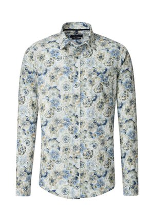 Langärmliges Hemd mit floralem Muster in Blau, Grün und Beige. Hergestellt aus gewebtem Stoff mit einem Button-Down-Kragen und einer Brusttasche.