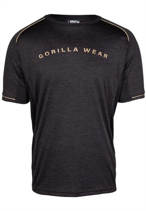 Black athletic t-shirt with short sleeves, featuring a round neck design. "GORILLA WEAR" text in gold above the chest; textured fabric.