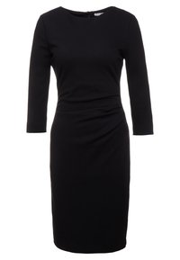 Vestito nero con maniche lunghe e scollatura rotonda. Presenta dettagli arricciati in vita per una silhouette definita. Tessuto liscio e stretch.