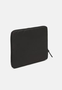Black laptop sleeve made of smooth fabric, featuring a zip closure and a slightly padded exterior for protection. Simple, rectangular design.
