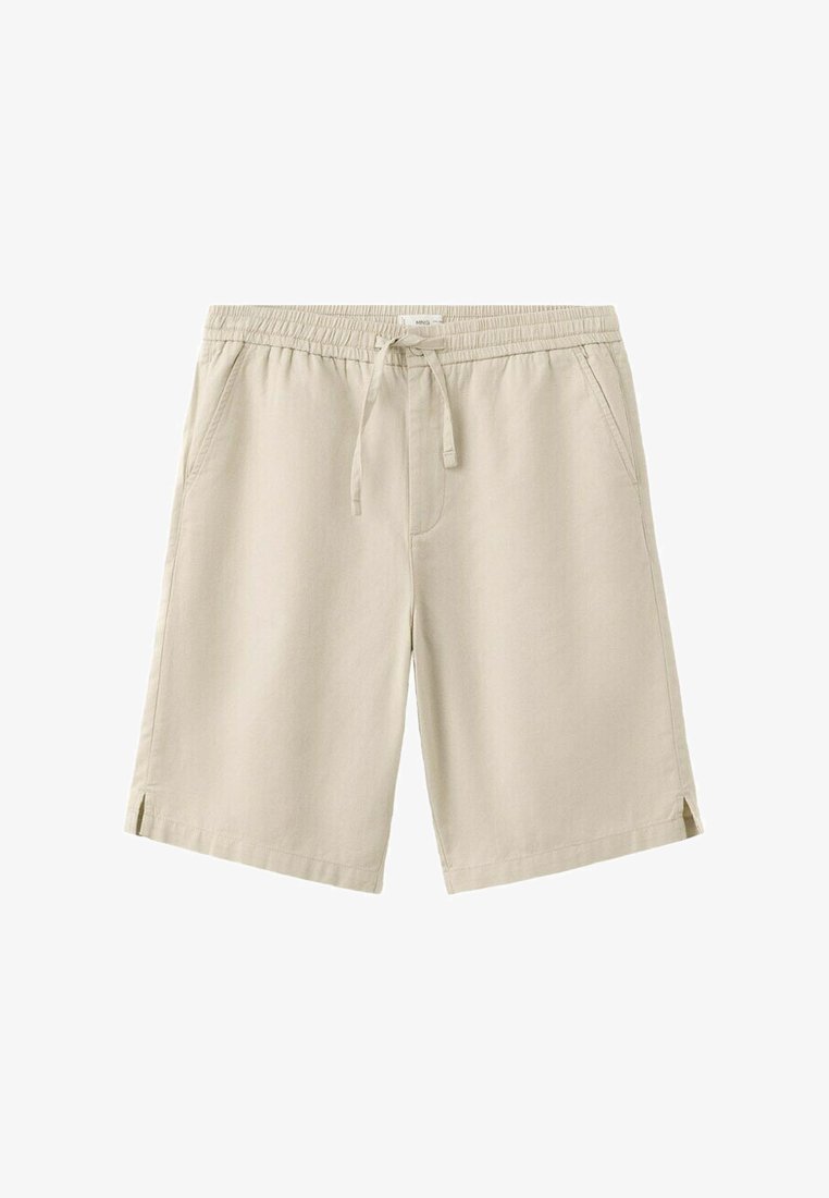 Shorts beiges longueur genou avec taille élastique, cordon de serrage, deux poches latérales et petites fentes latérales à l'ourlet des deux jambes.
