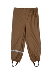 Bruine waterdichte broek met een elastische tailleband, elastische manchetten en reflecterende strookaccenten. Voorzien van verstelbare banden bij de enkels.