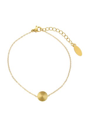 Braccialetto delicato a catena d'oro con chiusura regolabile e un piccolo ciondolo rotondo al centro con motivo a raggiera.