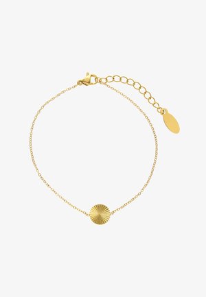 Delicate gold chain bracelet with adjustable clasp and a small round sunburst-patterned charm at the center.