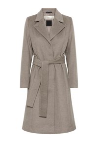 Cappotto di lana taupe a lunghezza ginocchio con ampi revers e una cintura abbinata legata in vita, maniche lunghe e tasche laterali.
