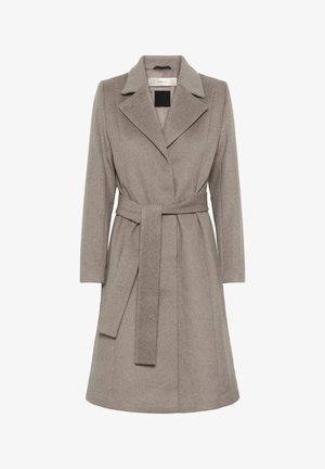 Manteau en laine taupe à mi-longueur avec de larges revers et une ceinture assortie nouée à la taille, manches longues et poches latérales.