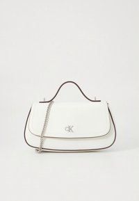 White leather handbag with dark trim, silver chain strap, top handle, and silver "cK" logo on front flap.