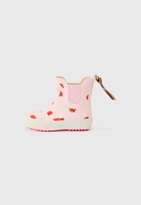 Botte imperméable rose avec imprimé coccinelle, semelle en caoutchouc texturé pour une bonne adhérence, et panneaux latéraux élastiques. Dispose d'une languette à l'arrière.