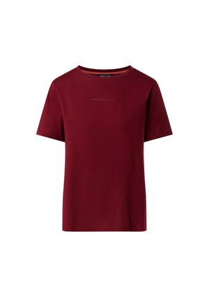 Burgunderfarbendes Baumwoll-T-Shirt mit kurzen Ärmeln, rundem Halsausschnitt und einem dezenten "NORTH SAILS" Logo auf der Vorderseite. Weicher Stoff, lässige Passform.