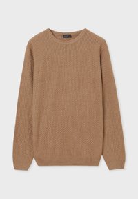 Maglione lavorato a maglia marrone chiaro con un motivo testurizzato, collo rotondo e maniche lunghe con dettagli a coste sui polsini e sull'orlo.