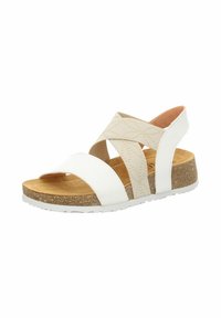 Sandalo bianco e beige con fasce incrociate, plantare morbido, intersuola in sughero e suola in gomma. Presenta un tessuto testurizzato e un design slip-on.