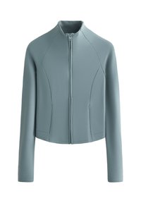 Veste zippée bleu clair avec col montant, manches longues et détails de coutures à l'avant. Fabriquée en matériau doux et lisse.